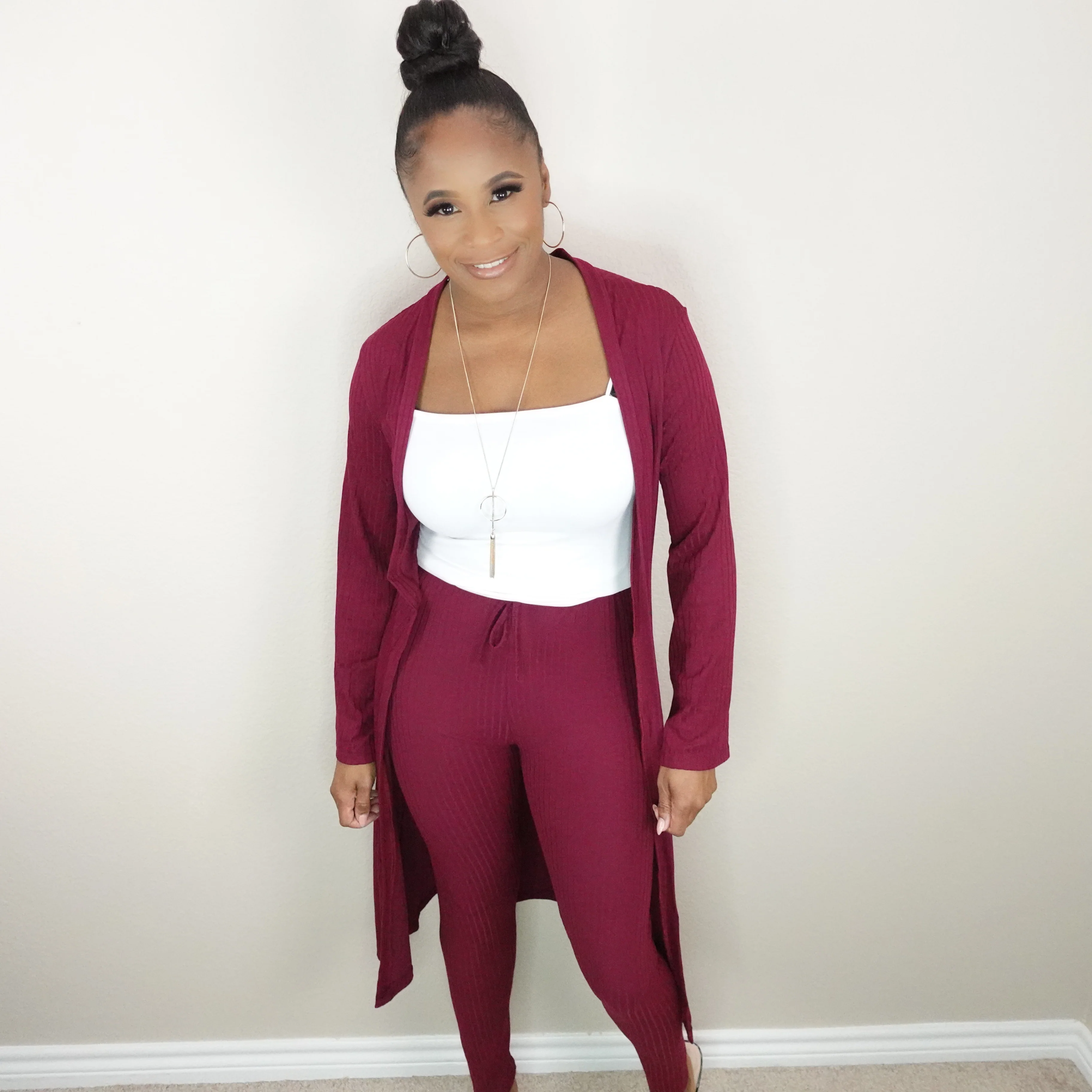 Ribbed Cardigan & Leggings Set (Burgundy)