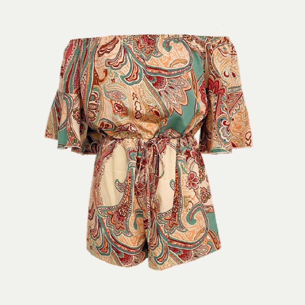 Bohemian Print Off-The-Shoulder Short Sleeve  Romper