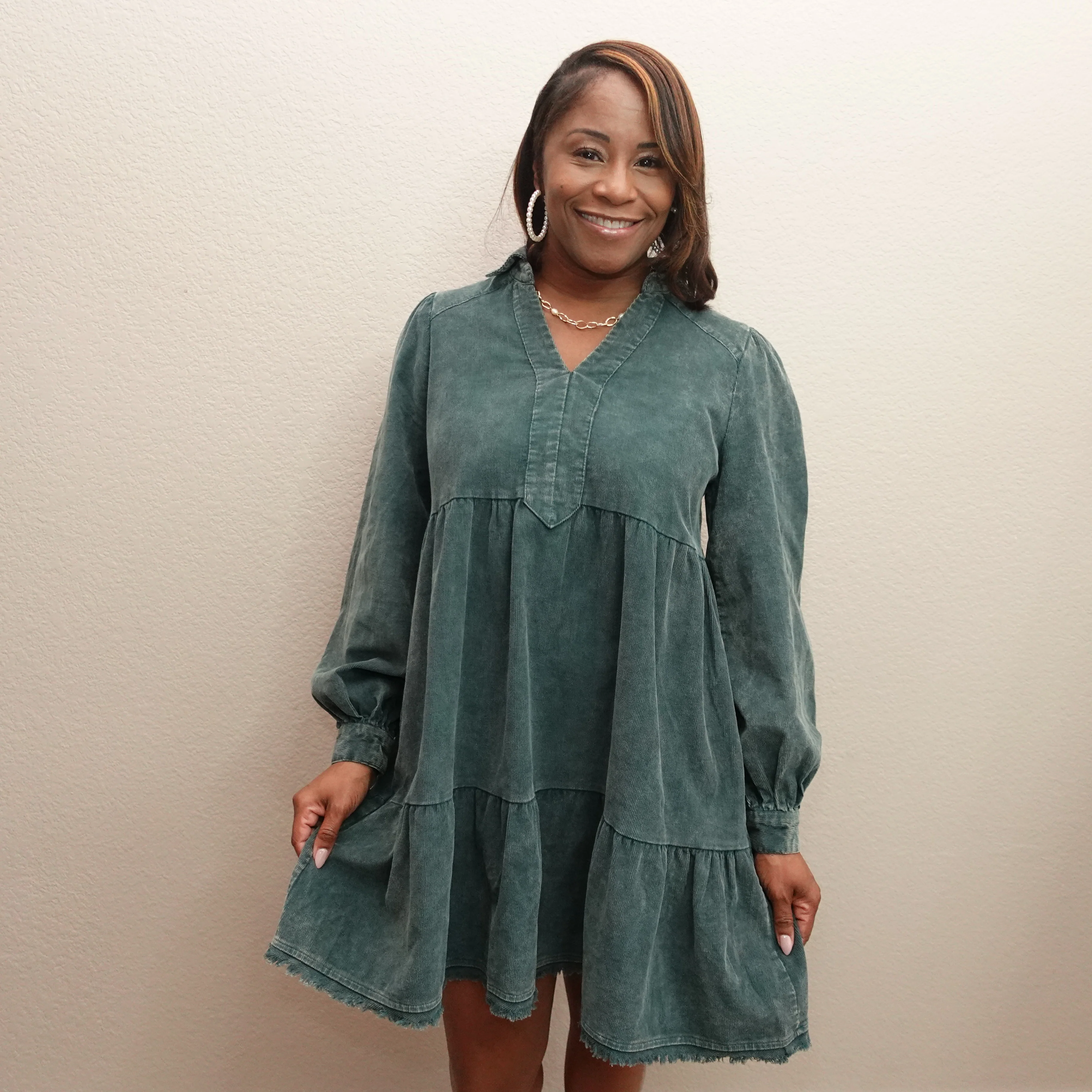 Mineral Wash Corduroy Tiered Dress